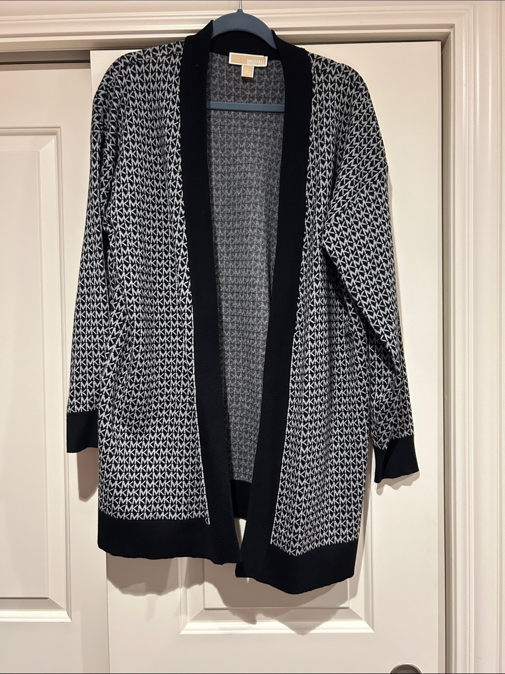 MICHAEL Michael Kors Black and White Open-Front Logo Knit Cardigan